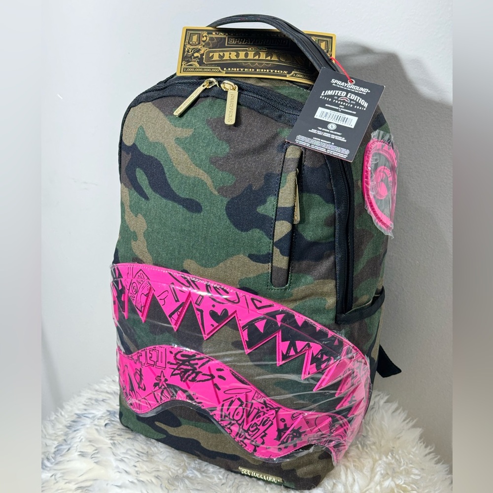 Brand new SPRAYGROUND (DROP ZONE) CAMO W/PINK SHARK MOUTH LIMITED EDITION